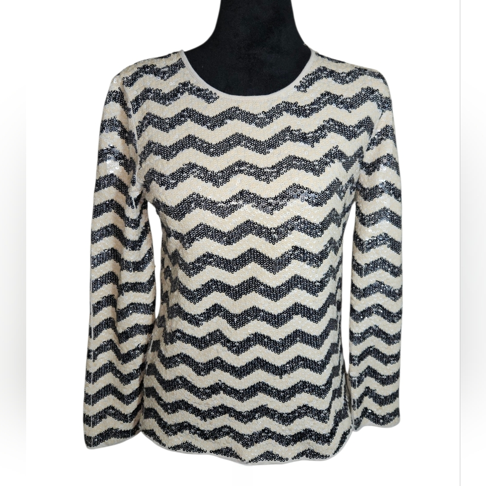 J.Crew Sequin Cream & Black Chevron Print Top Size S
